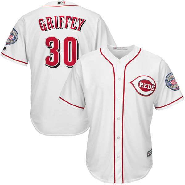 Men's Cincinnati Reds Ken Griffey Jr Majestic White Home 2016 Hall Of Fame Induction Cool Base Jersey with Sleeve Patch Jersey