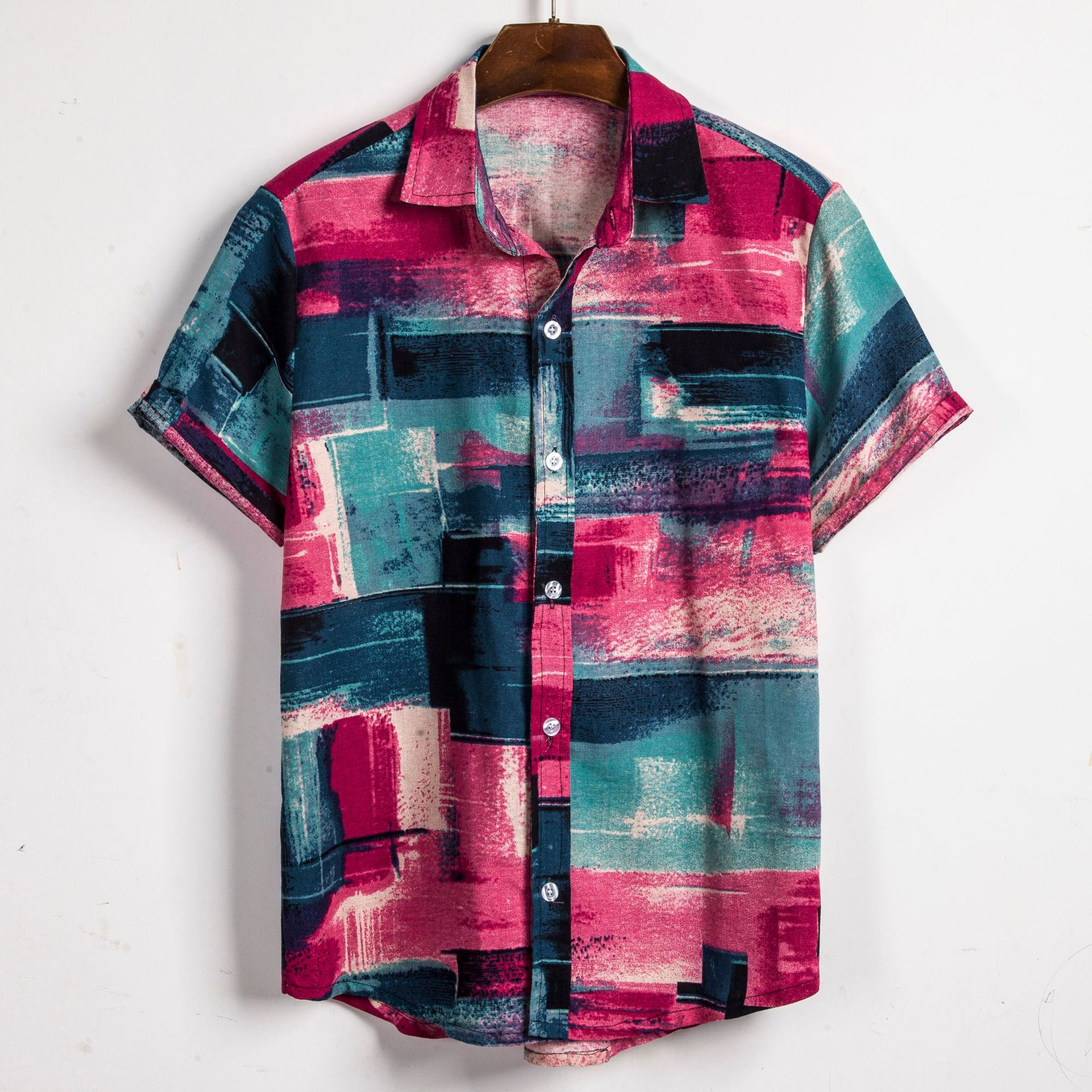 Men's printed lapel short-sleeved cotton casual shirt