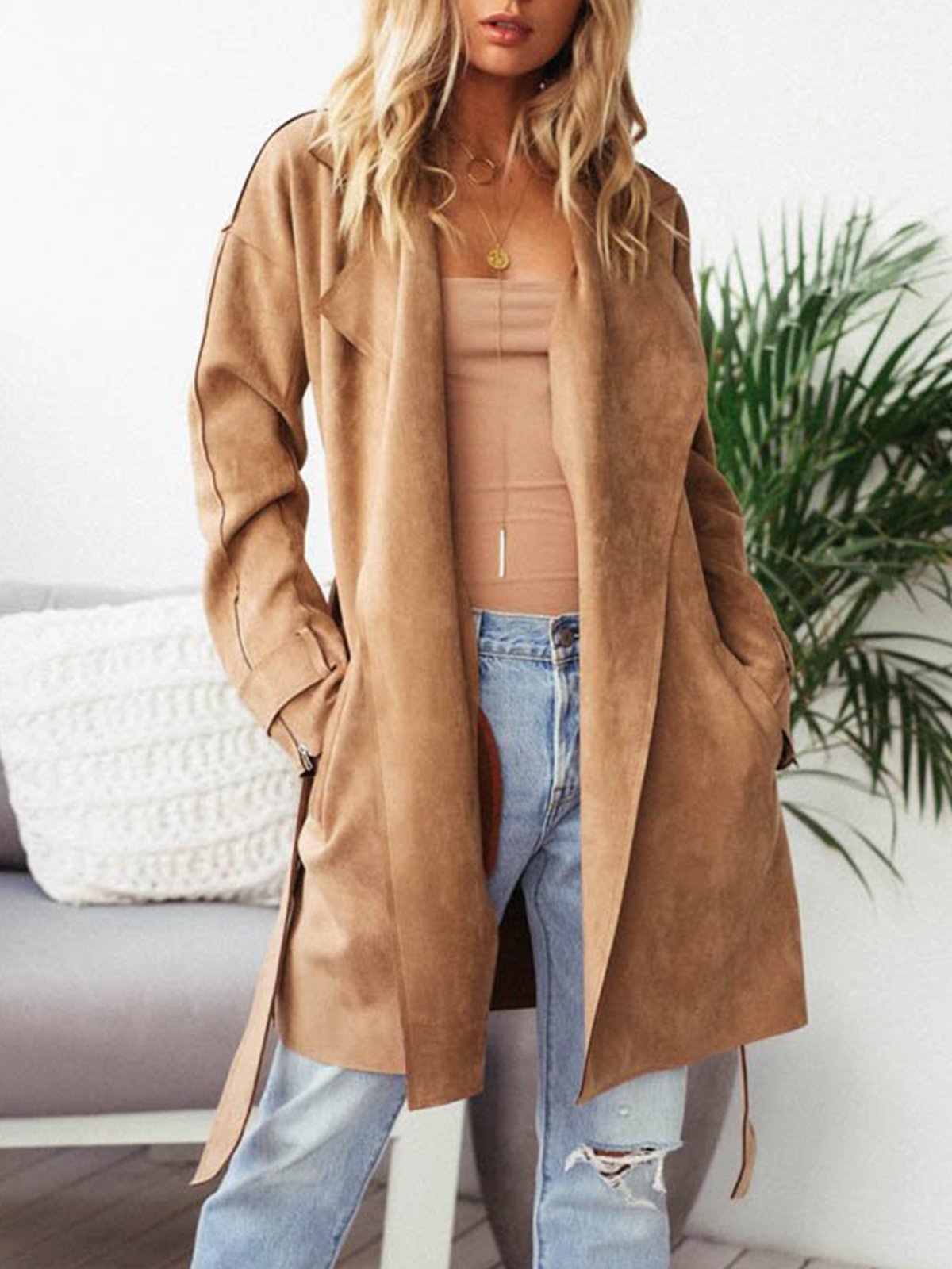 Khaki Elegant Paneled Pu Plain Coat
