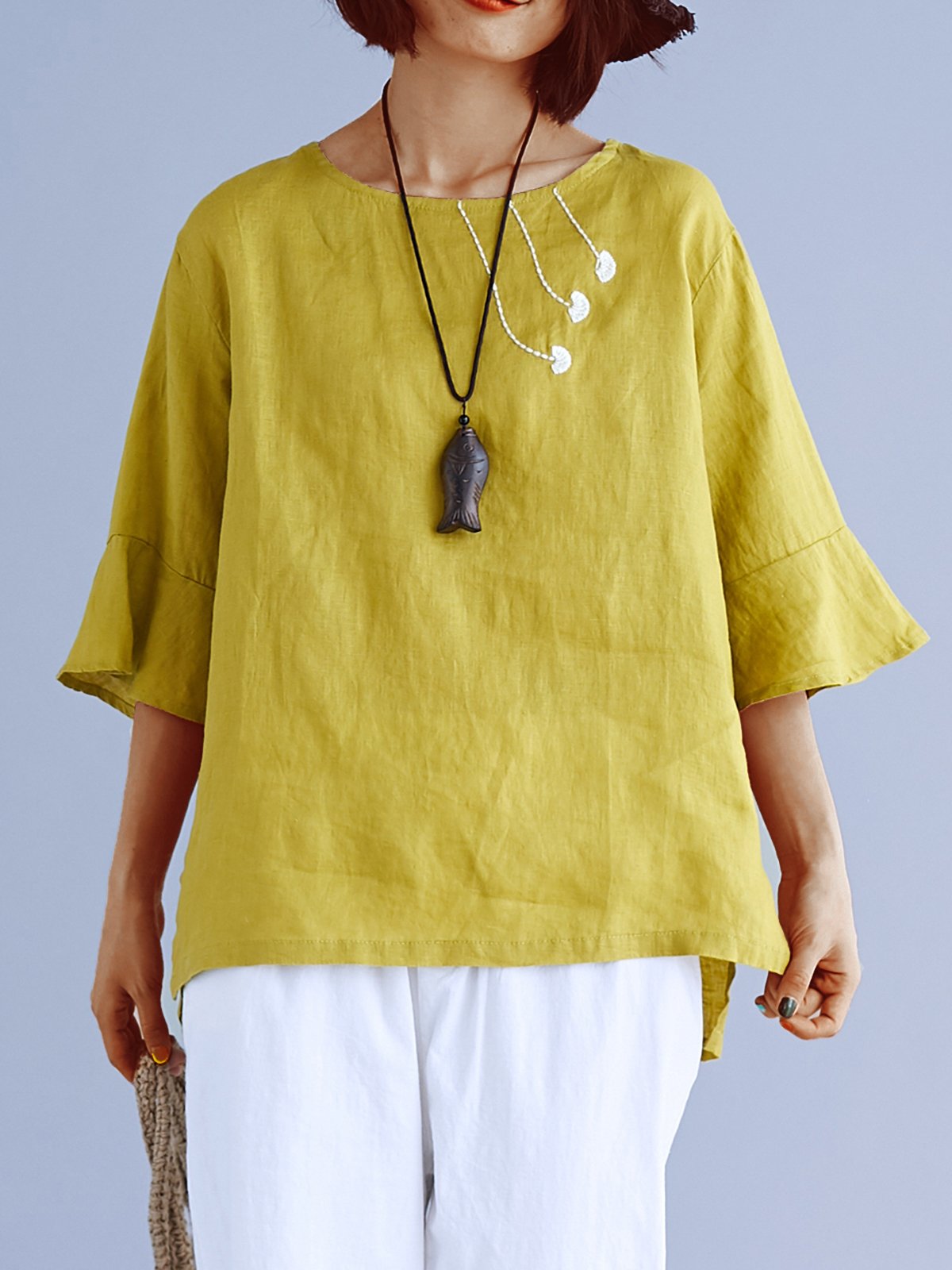 Plus Size Women Solid Embroidered Loose Round Neck Frill Sleeve Cotton And Linen Casual Tops