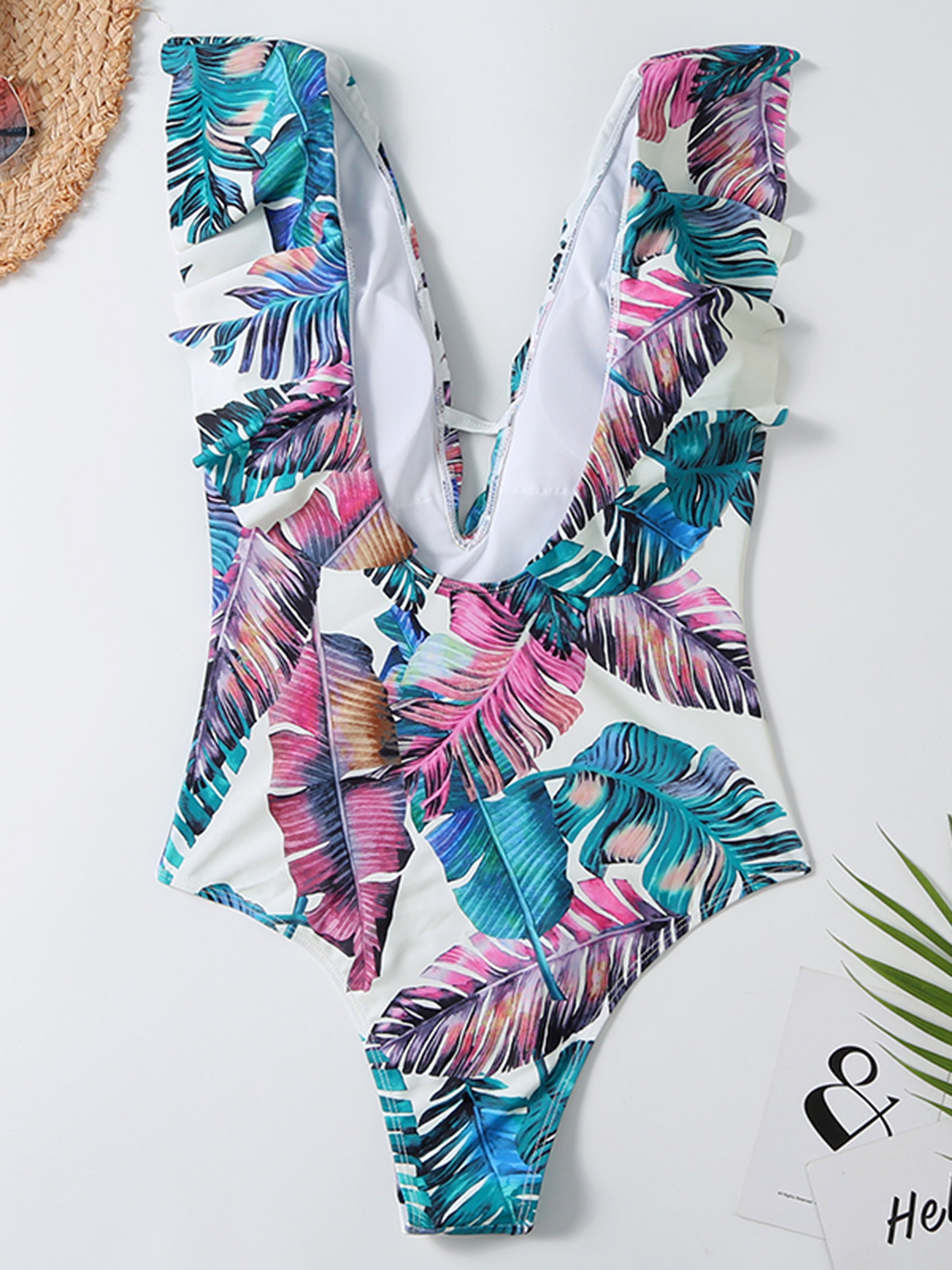 Leaf Printed Plunge Neck One-Piece Swimwear