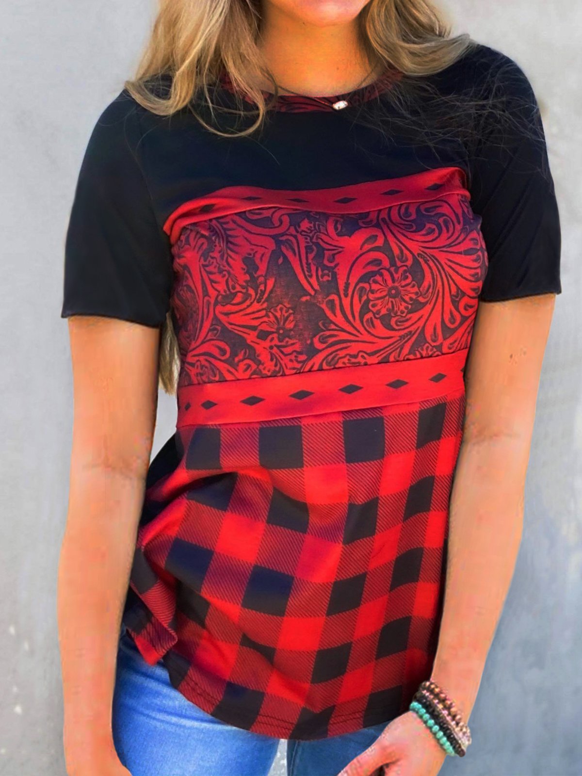 Short Sleeve Crew Neck Ethnic Shirts & Tops