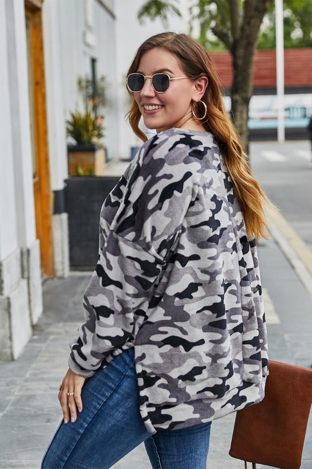 Plus Size O Neck Camou Shirt with Slit Sides