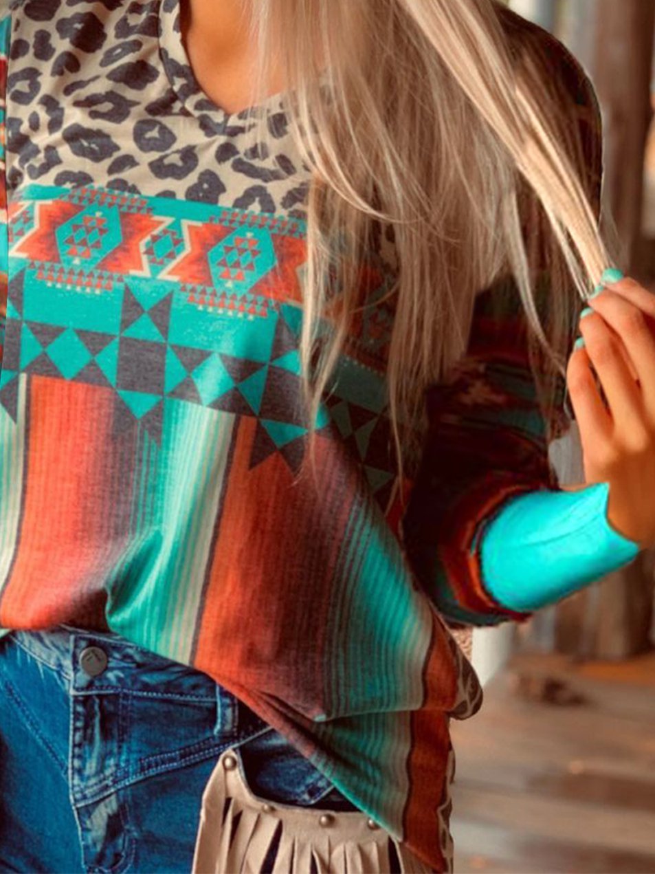 Geometric Casual Long Sleeve Shift Shirts & Tops