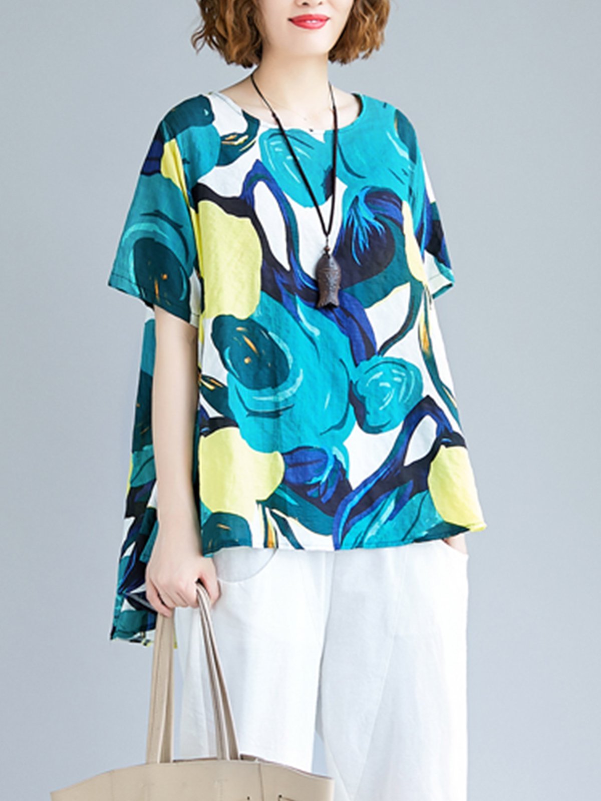 Women Short Sleeve Round Neck Vintage Floral Casual Tops