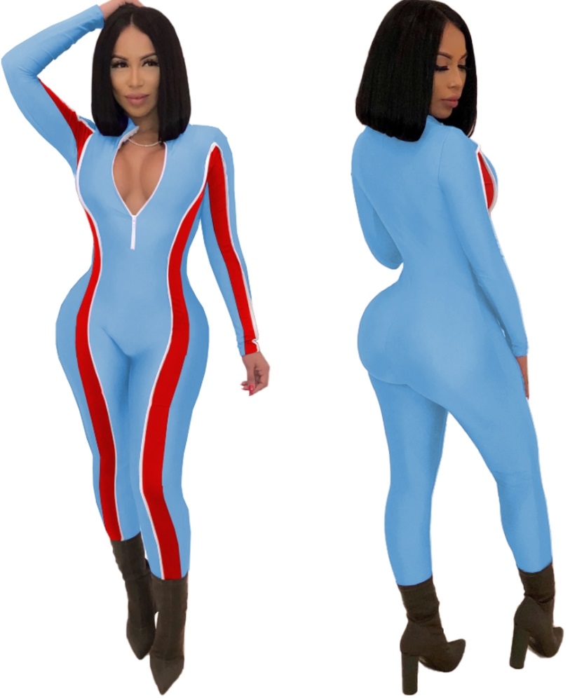 Color Block Long Sleeve Bodycon Zipper Jumpsuit