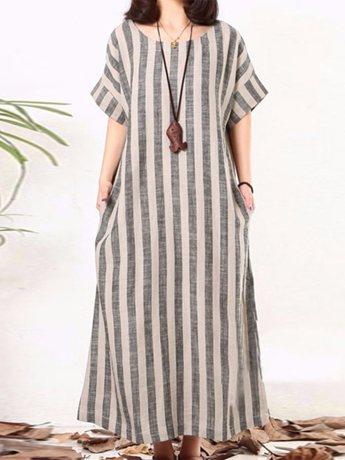Plus Size Casual Gray A-line Stripes Dress