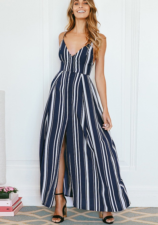 White and Blue Stripes Strap Long Dress