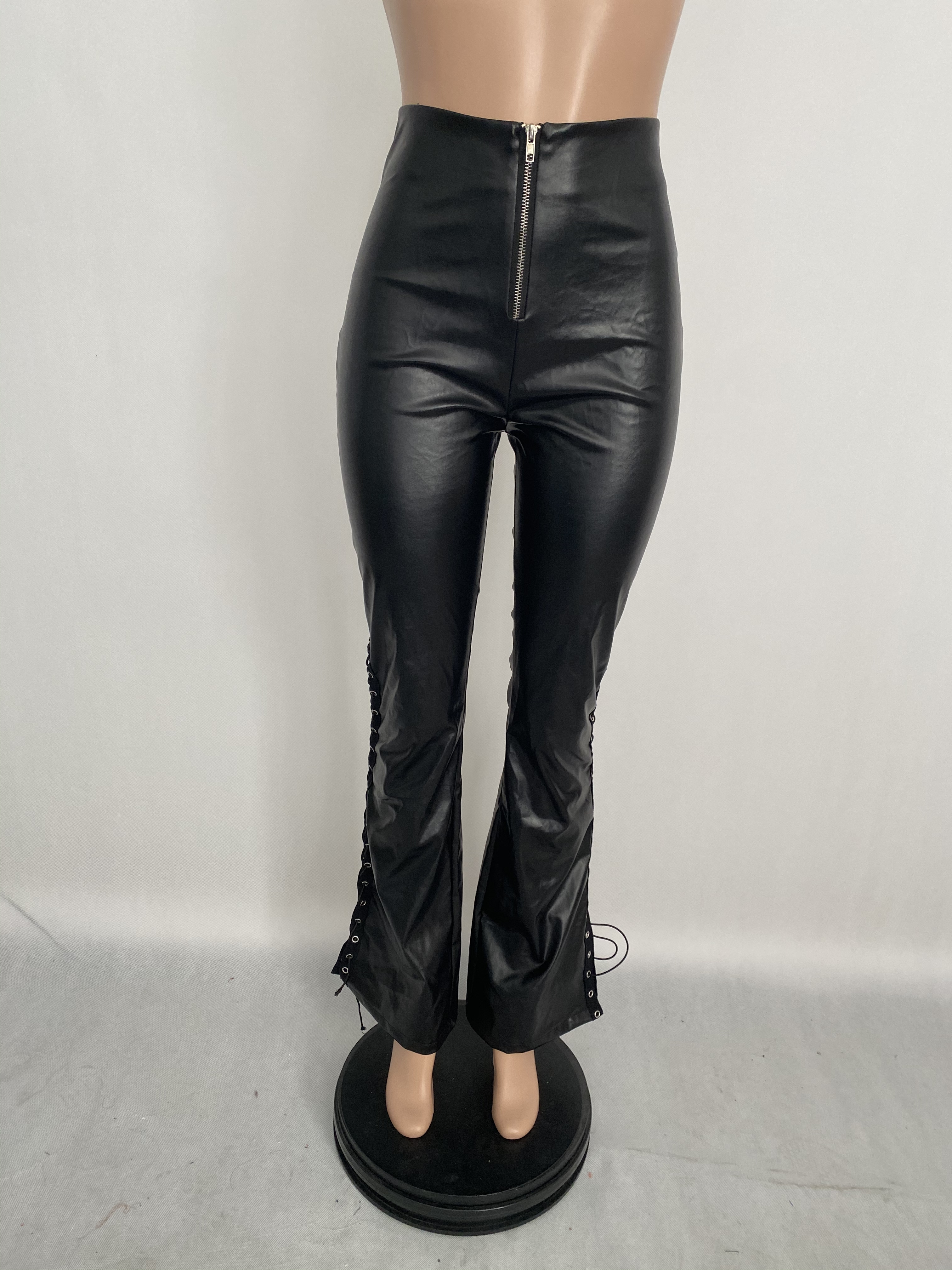 Winter Black Leather Lace-Up Bottom High Waist Wide Trousers