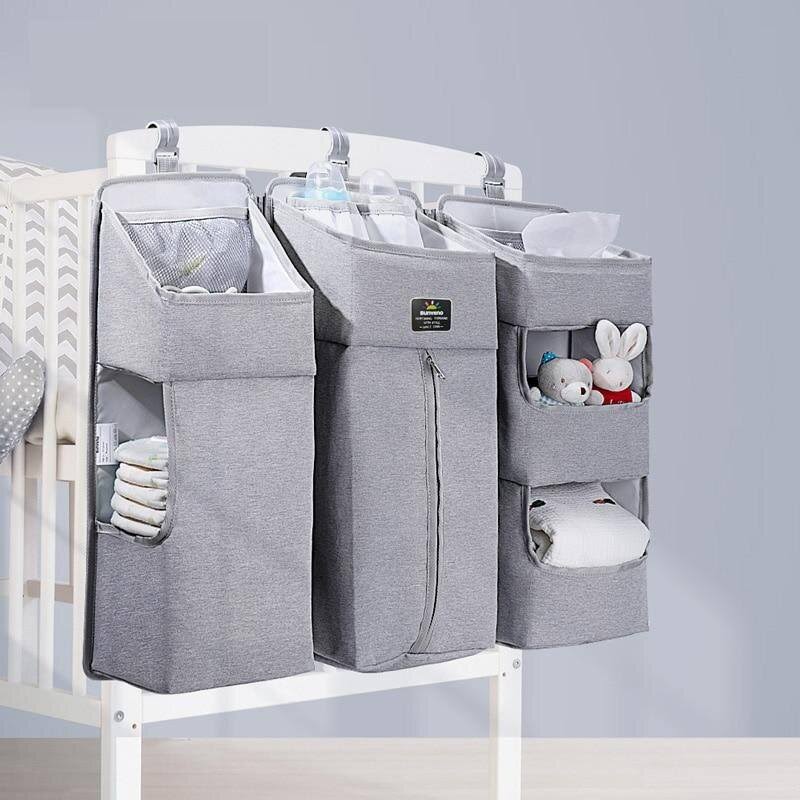 (Grey L) Portable Baby Crib Organizer, Bed Hanging Bag, Essentials, Diaper Storage, Cradle Bedding Set