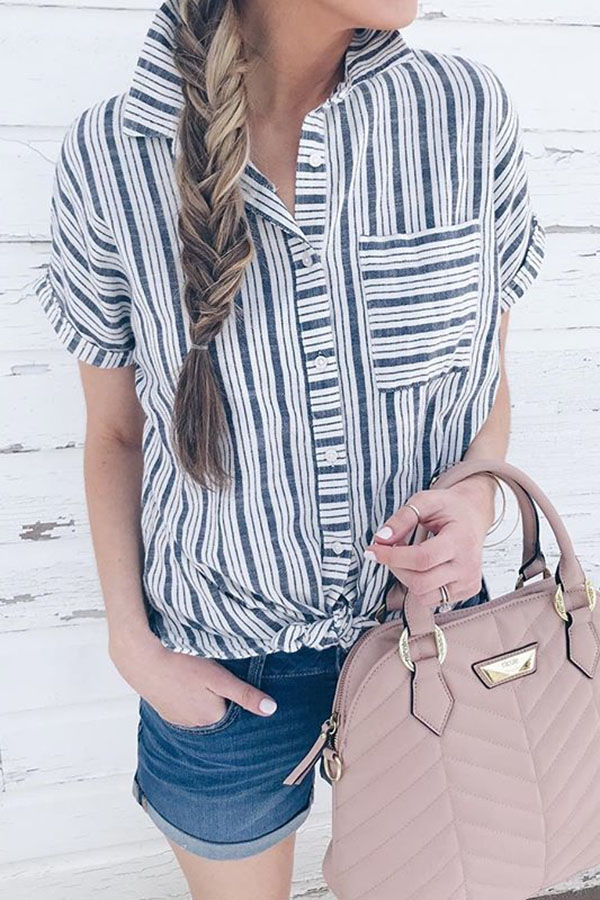 Gray Stripe Casual Collar Short Sleeve Shirt