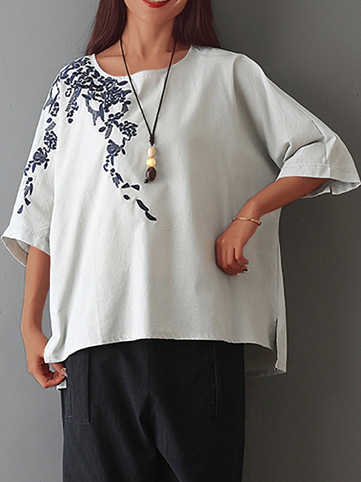 Plus Size Embroidered Round Neck Short Sleeve  Blouse