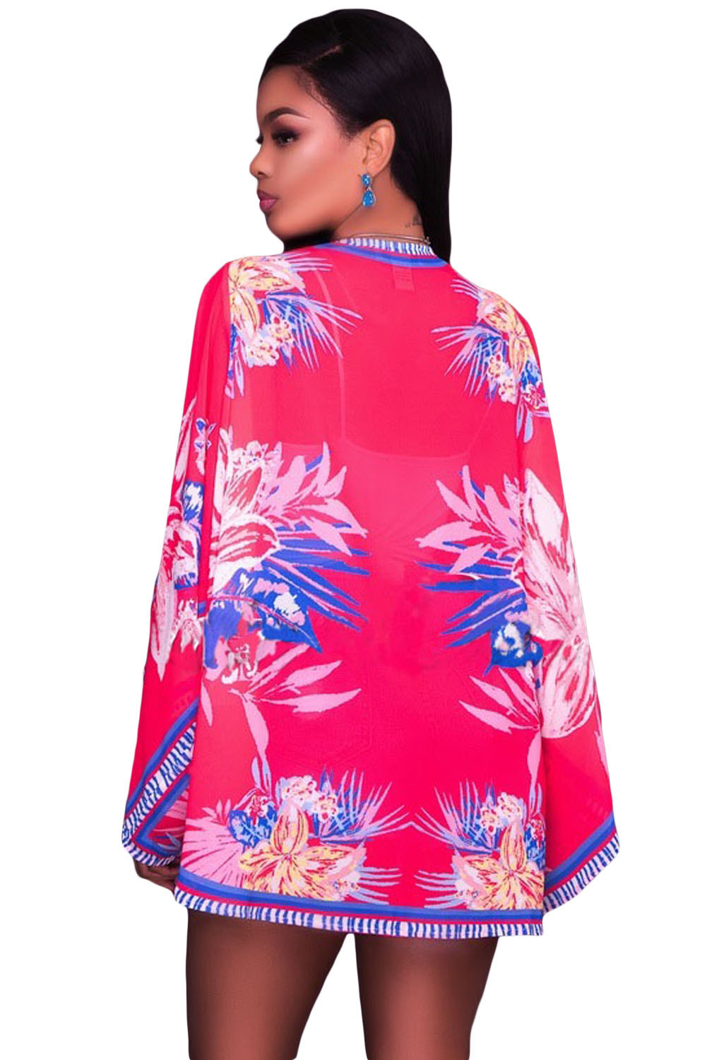 Red Lotus Floral Chiffon Kimono Beach Cover