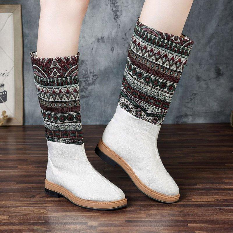 Women Bohemian Cloth Mid Calf Flat Vintage Boots