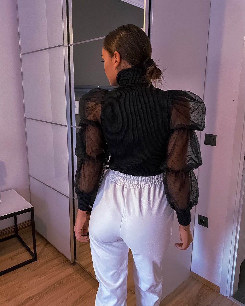 Black Knitted Basic Top with Mesh Sleeves