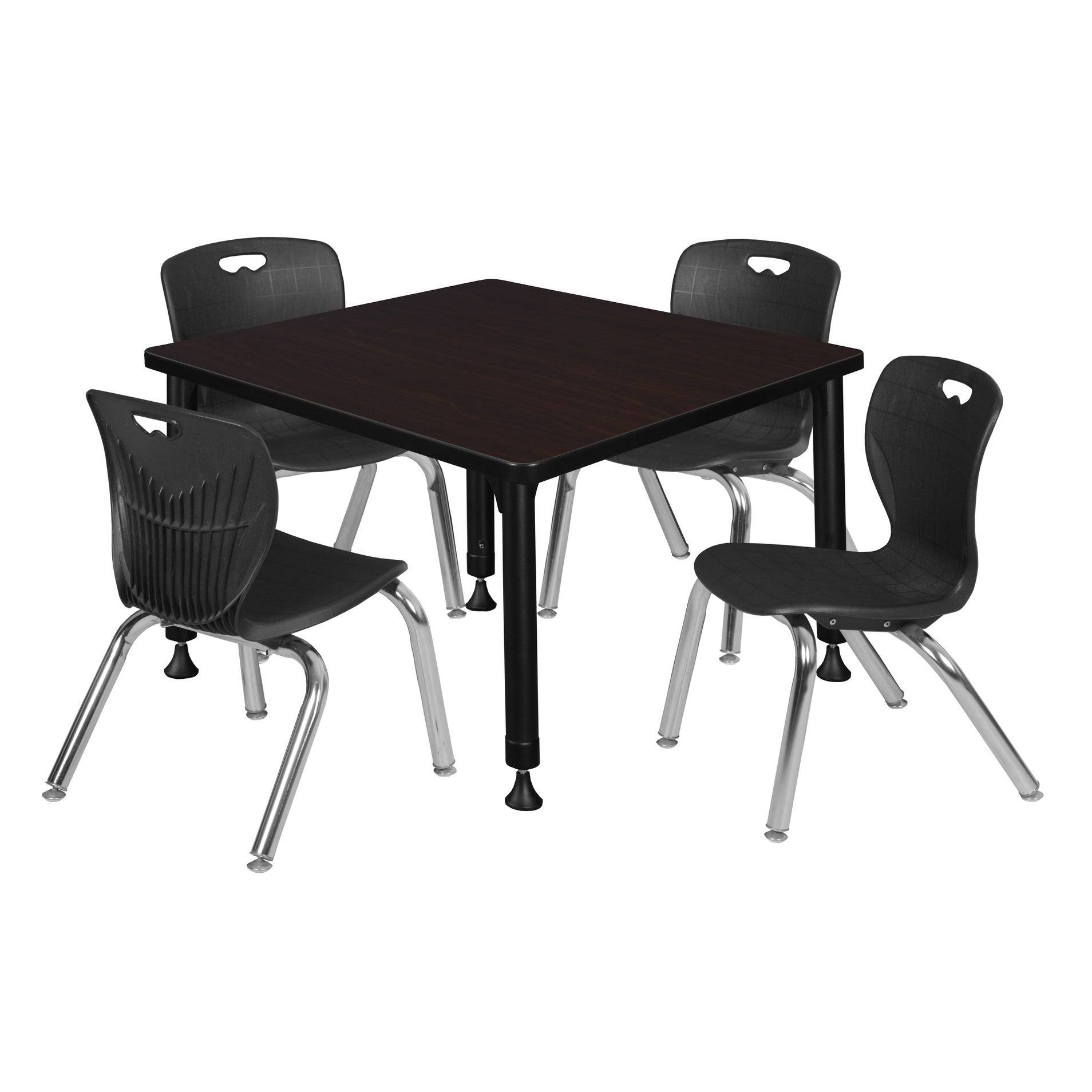 Regency Kee 30x22 Square Height Adjustable Classroom Table - Mocha Walnut 4 Andy 12-in Stack Chairs- Black