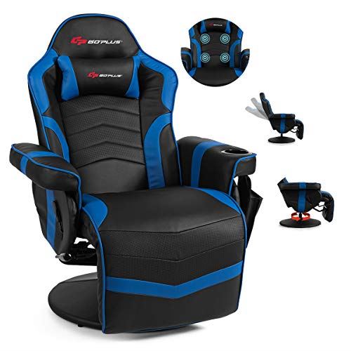 Massage Gaming Chair w/ Footrest Cup Holder, Headrest & Side Pouch for Home