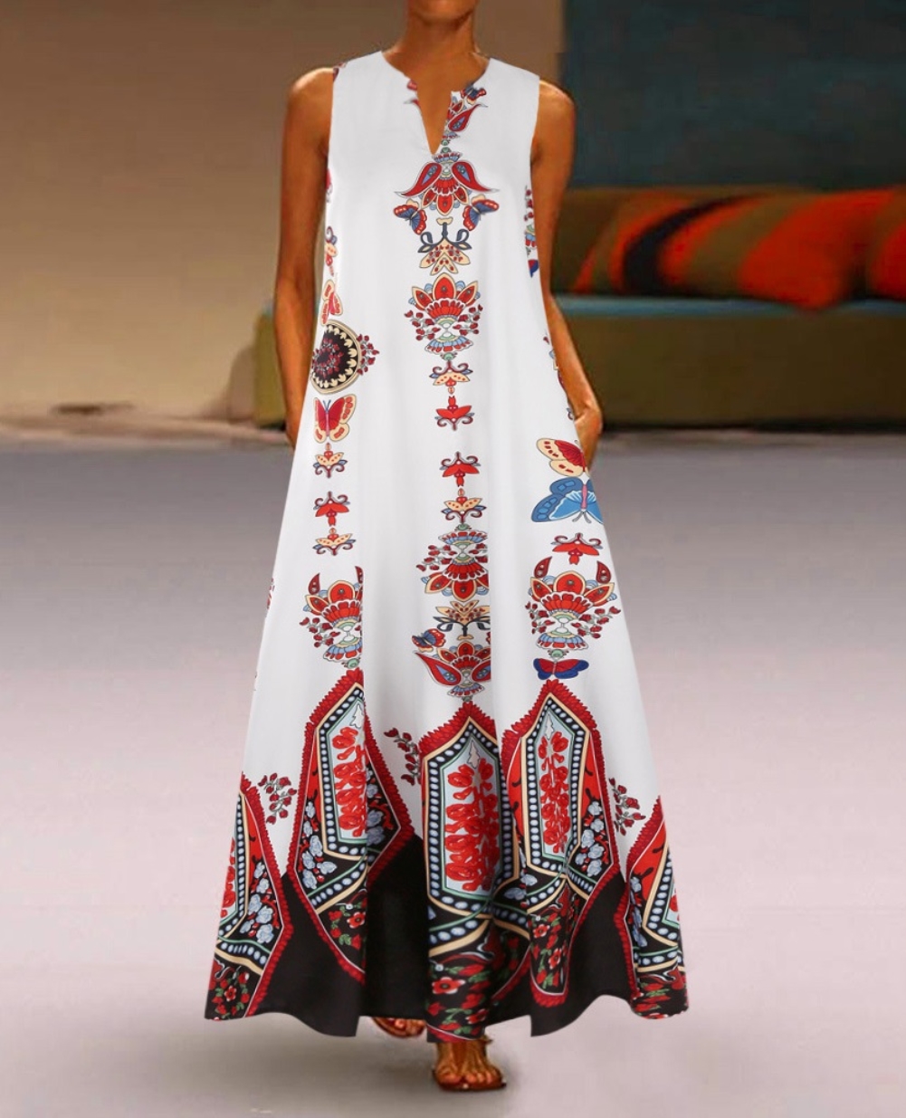Retro Print Sleeveless Long Boho Dress