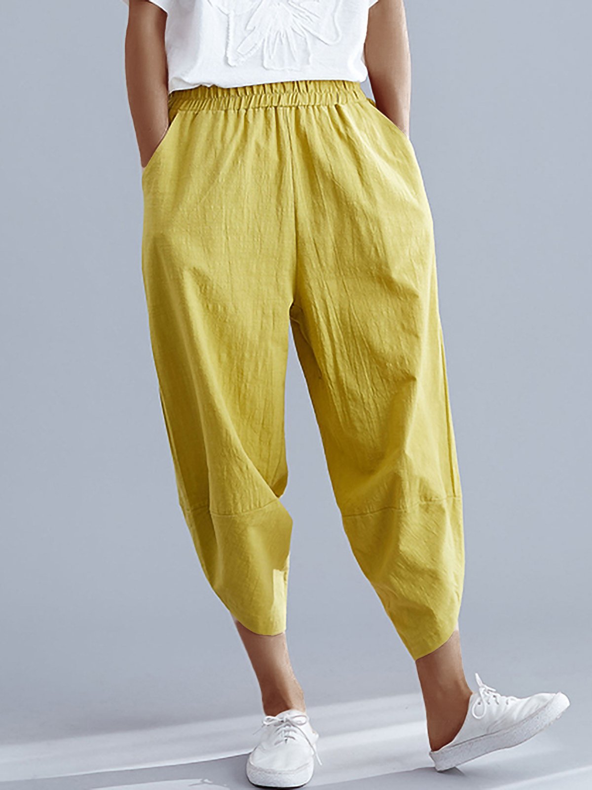 Plus Size Women Solid Cotton Loose Casual Harem Pants