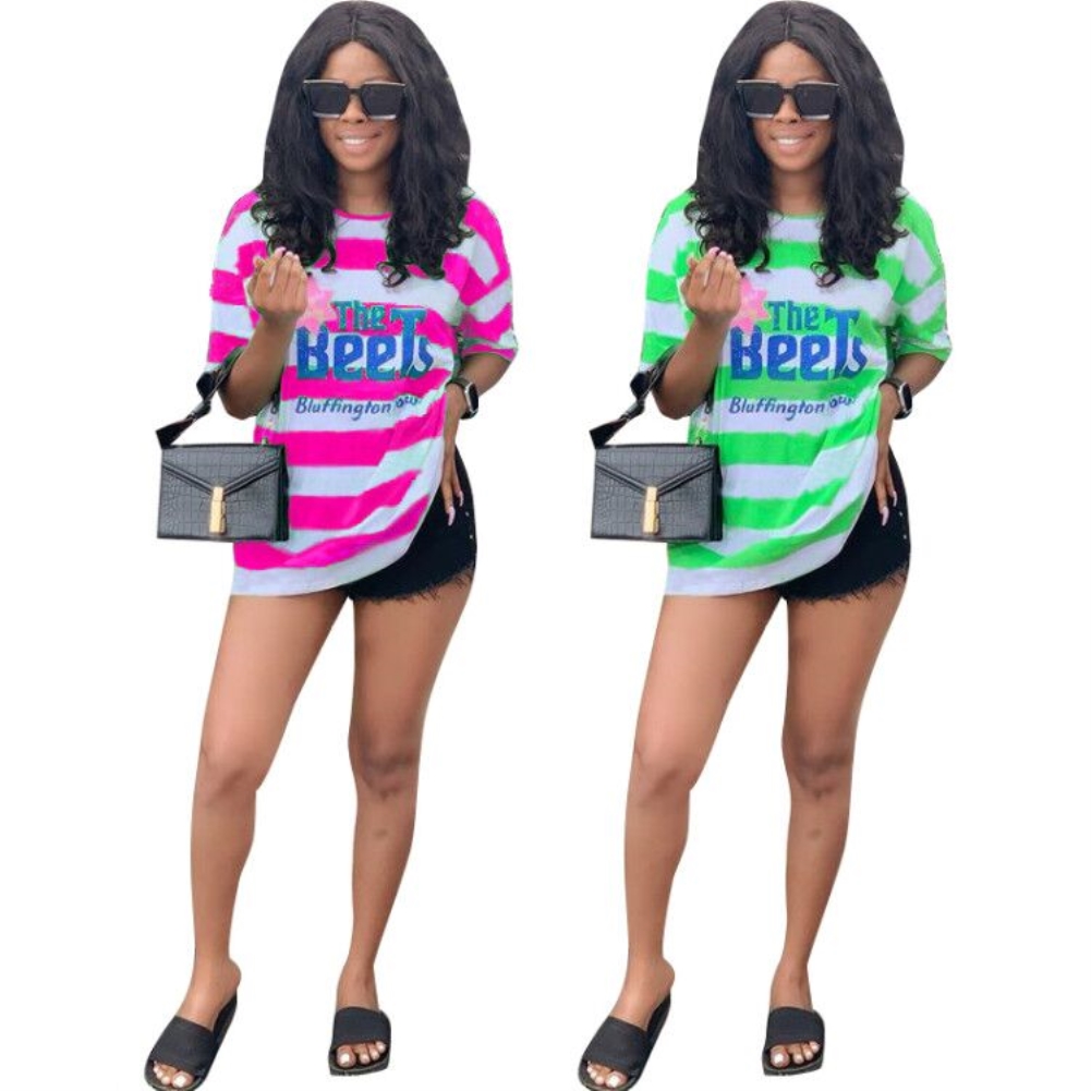 Summer Striped Print O Neck Basic Shirt