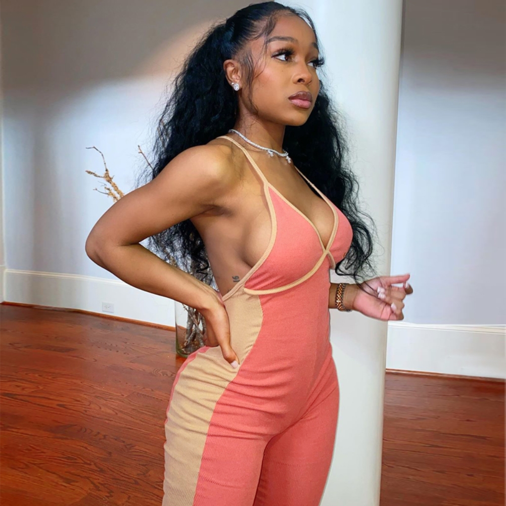 Sports Fitness Contrast Halter Jumpsuit