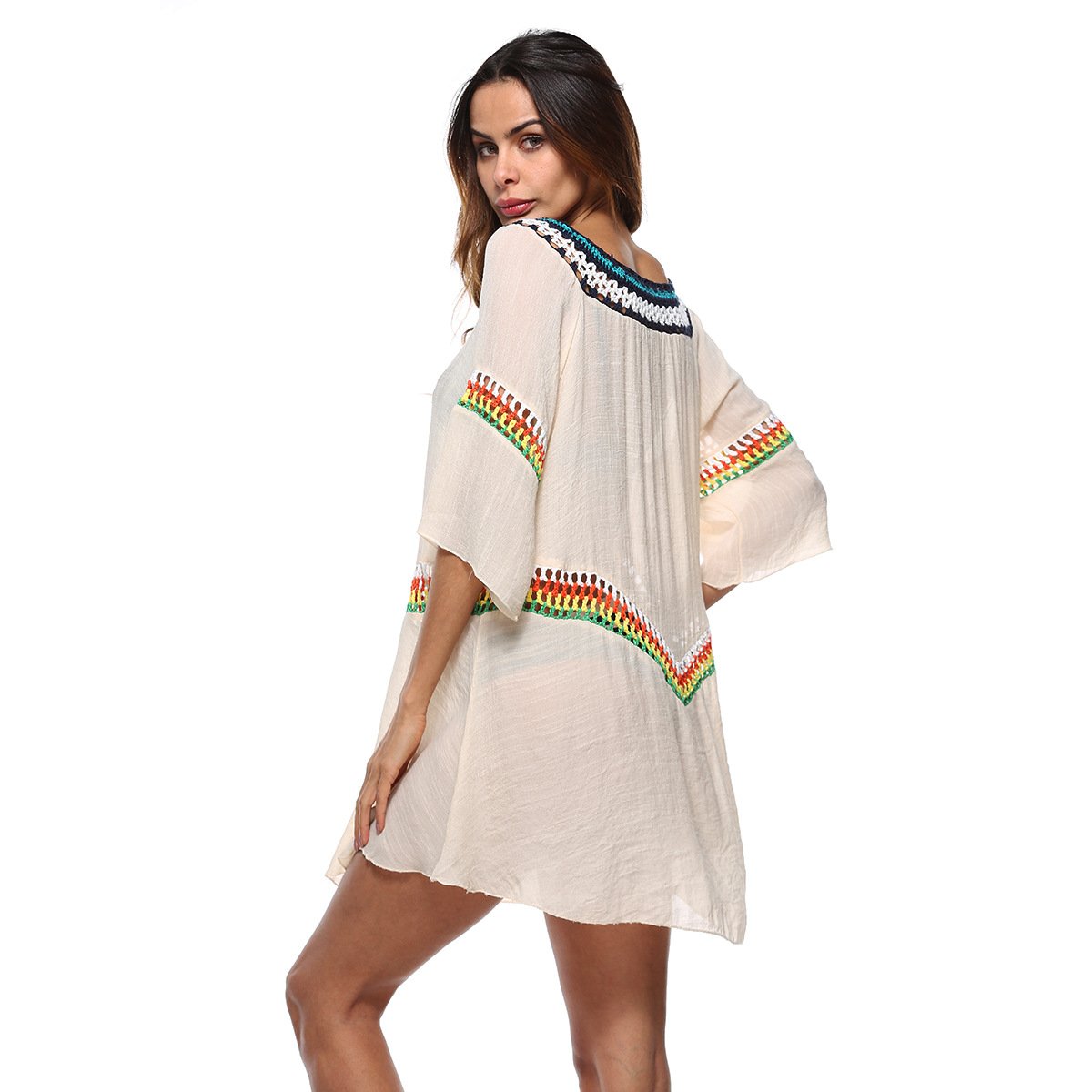 Loose Casual Beach Hollow Out White O Neck Boho Mini Dresses