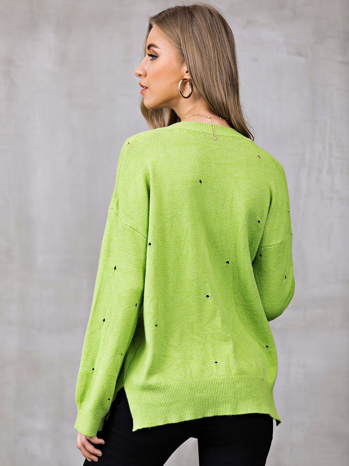 Eyelet Shift V Neck Casual Sweaters