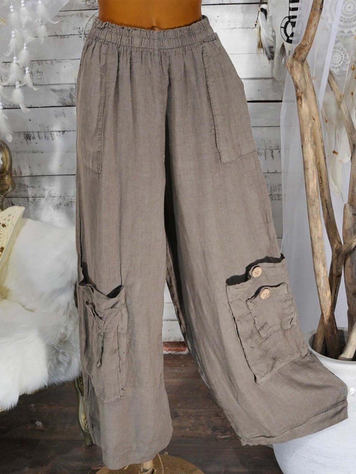 Plus Size Casual Solid Pockets Pants