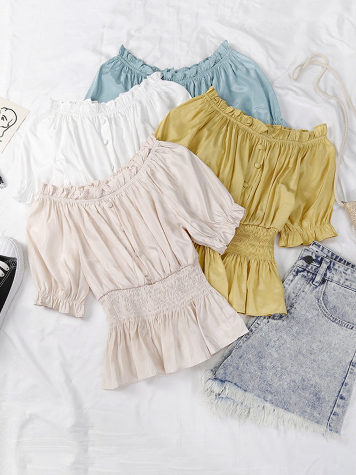 One-neck Off Shoulder Short Sleeve Pullover Solid Casual Tops