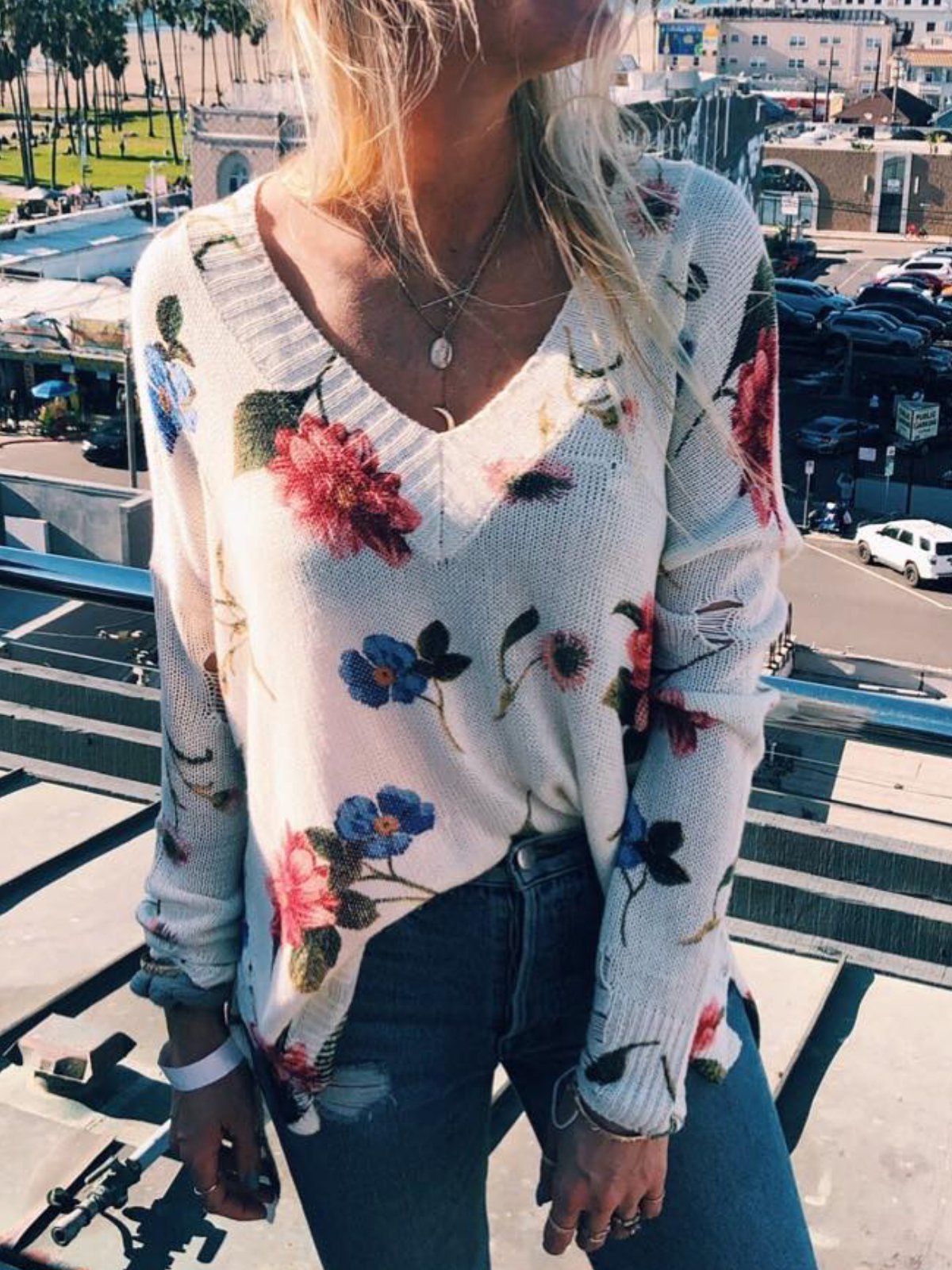 V Neck Long Sleeve Casual Floral Sweaters