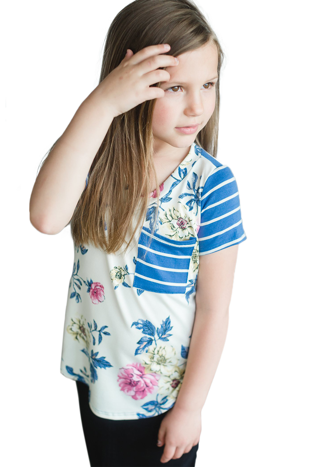 Sky Blue Little Girl Floral Striped V Neck T Shirt