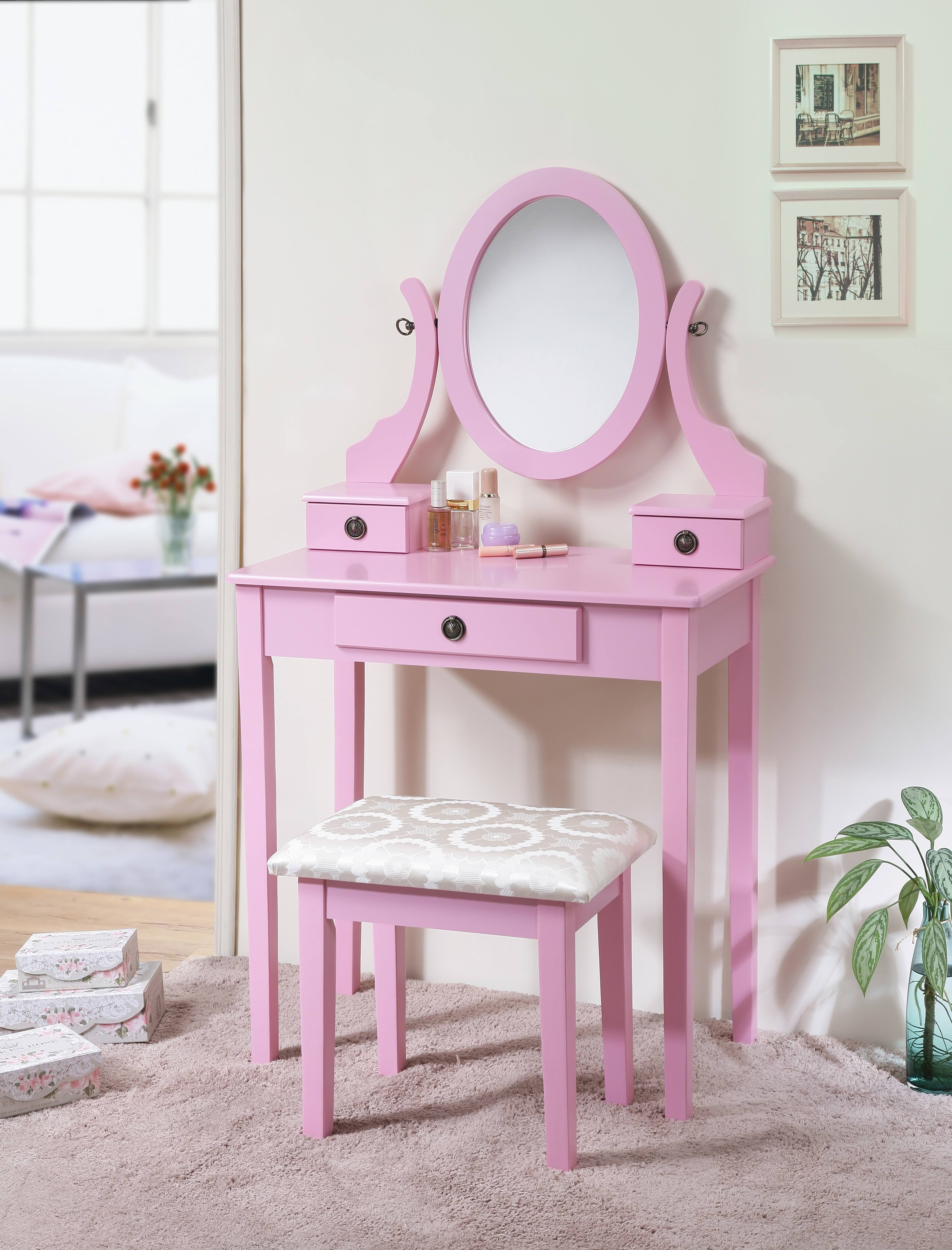 Roundhill Furniture Moniya Wood Vanity Table and Stool Set, Pink