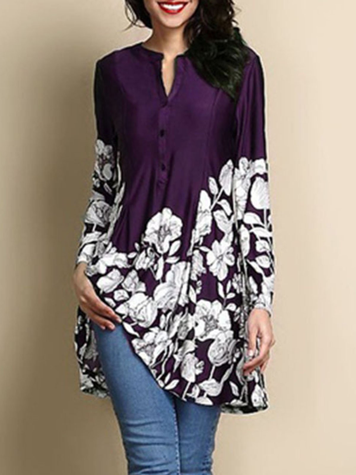 Printed/Dyed Casual Stand Collar Blouse