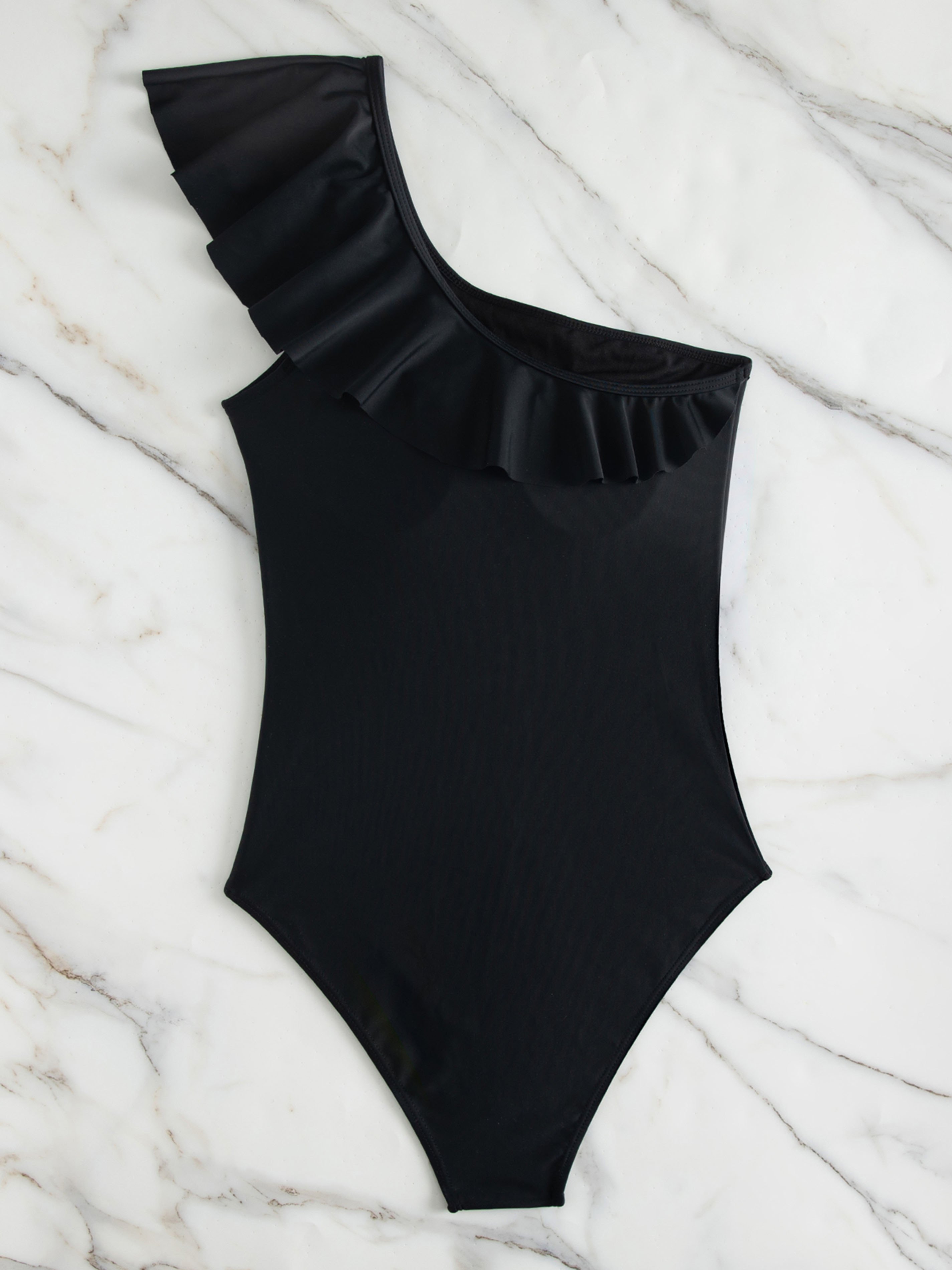 Solid Ruffle One Shoulder Swimsuit