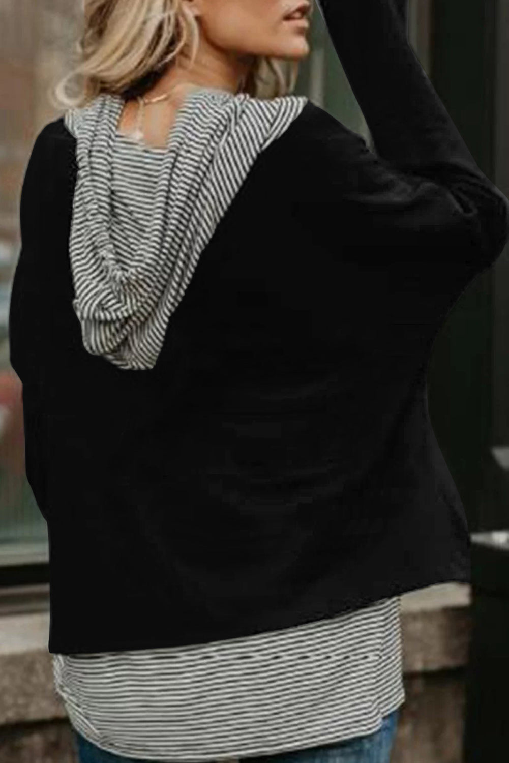 Black Striped Stitching Long Sleeve Hoodie