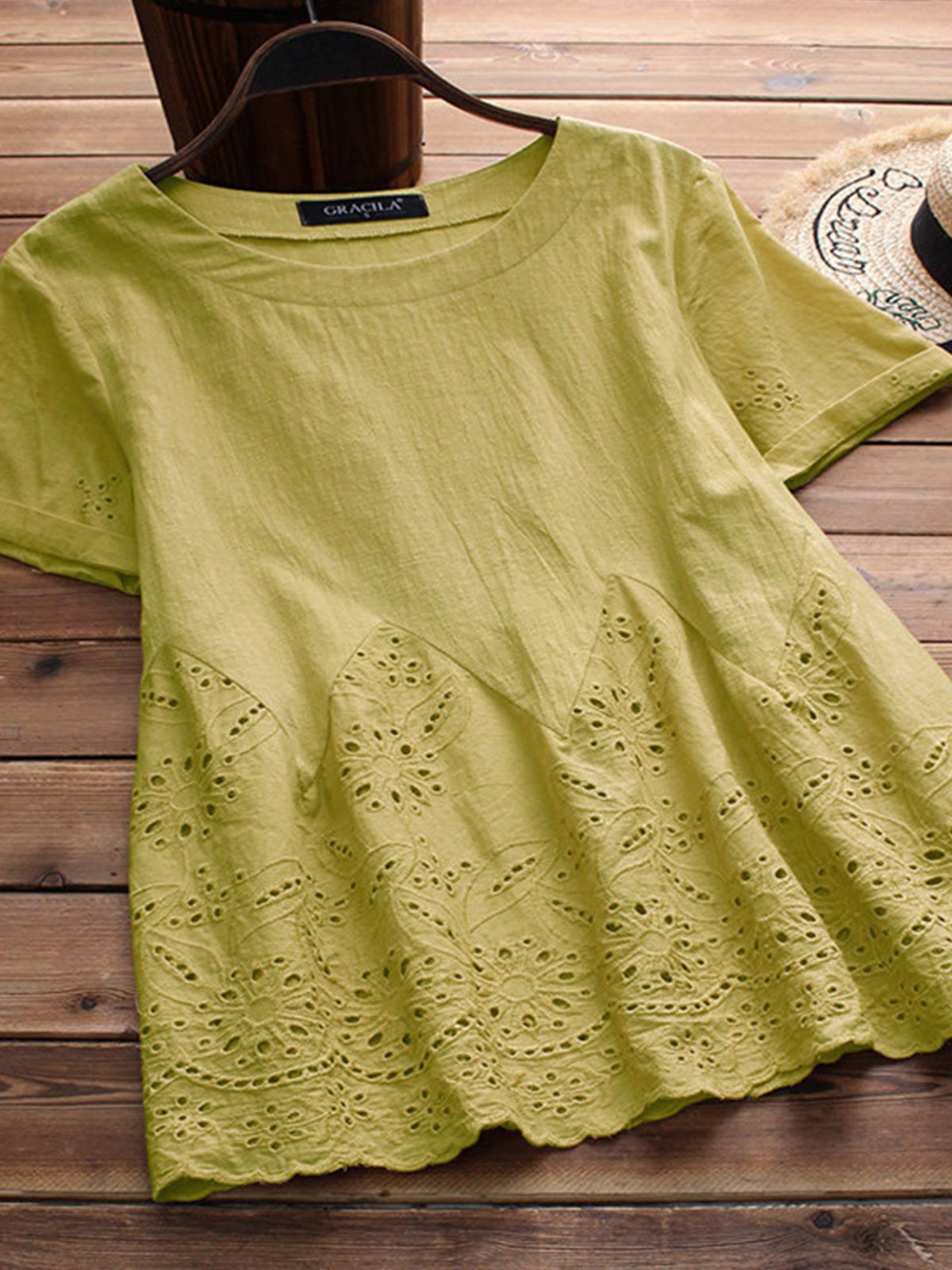 Round Neck Short Sleeve Embroidered Shirts & Tops