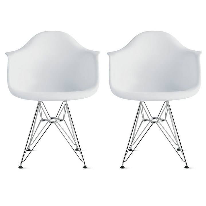 Set of 2 Plastic Eiffel Molded Shell Retro Dining Chairs Accent for Living Room Kitchen Chrome Desk Designer Office - White