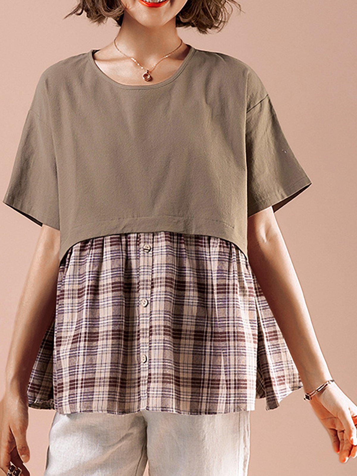 Short Sleeve  Cotton And Linen Stitching Plaid   Casual  T-shirt