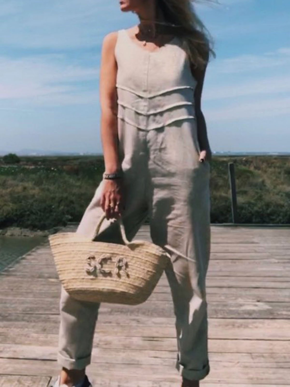 Gray Cotton-Blend Sleeveless Plain One-Pieces