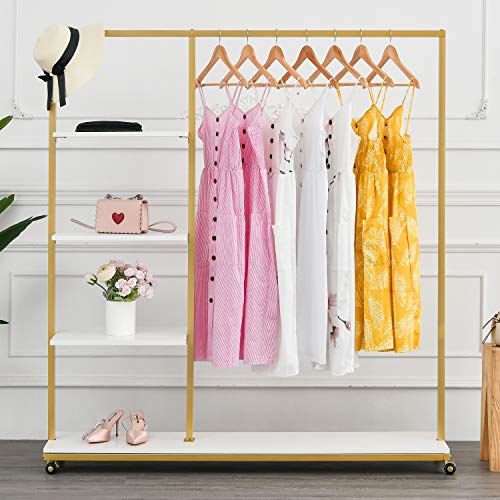 4-Tier Standing Display Clothing Racks on Wheels with Metal Pipes&Wood Shelves/59′′