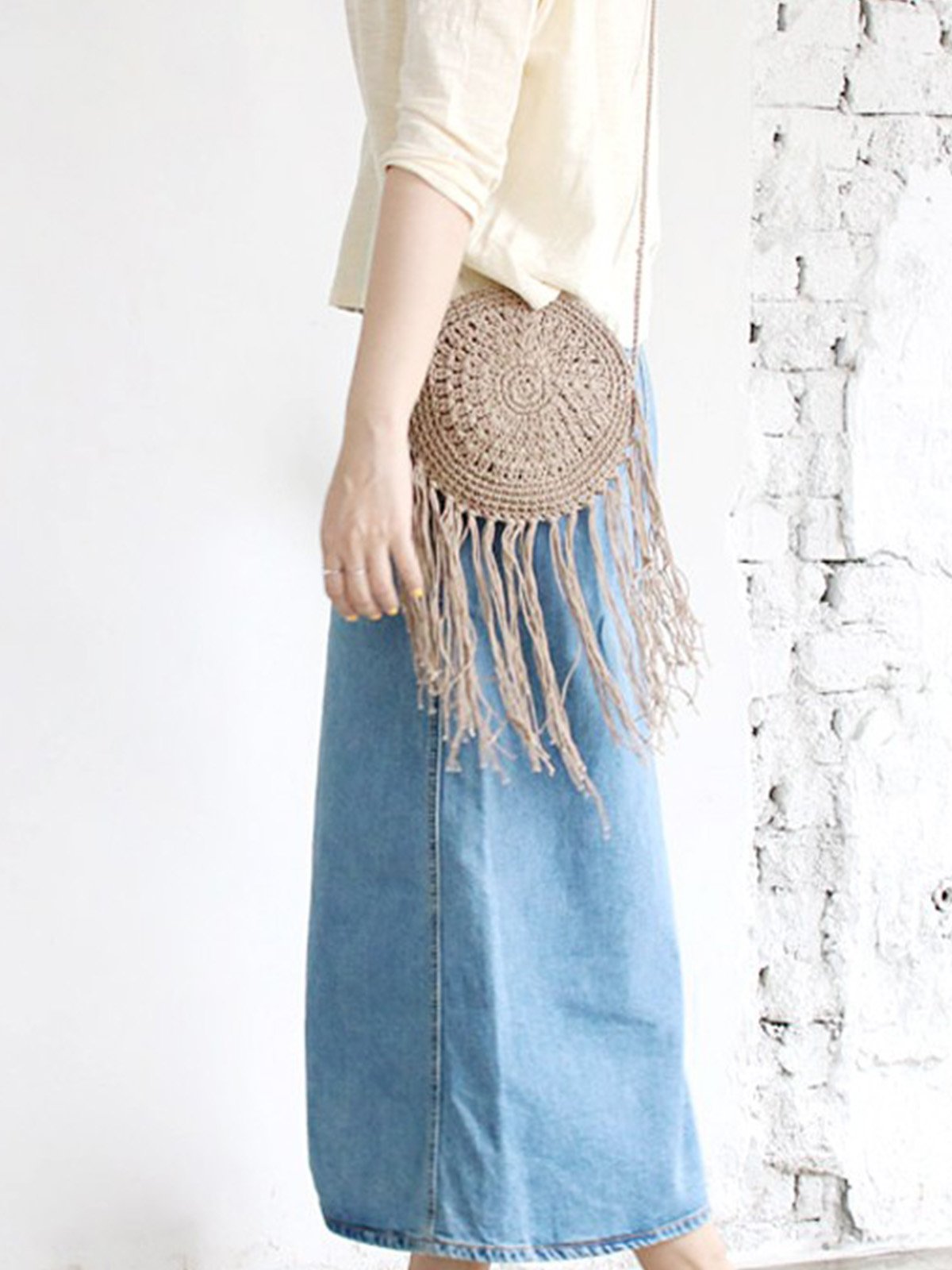 Women Hand-Woven Straw Shoulder Bag Tassel Beach Bag Handbag