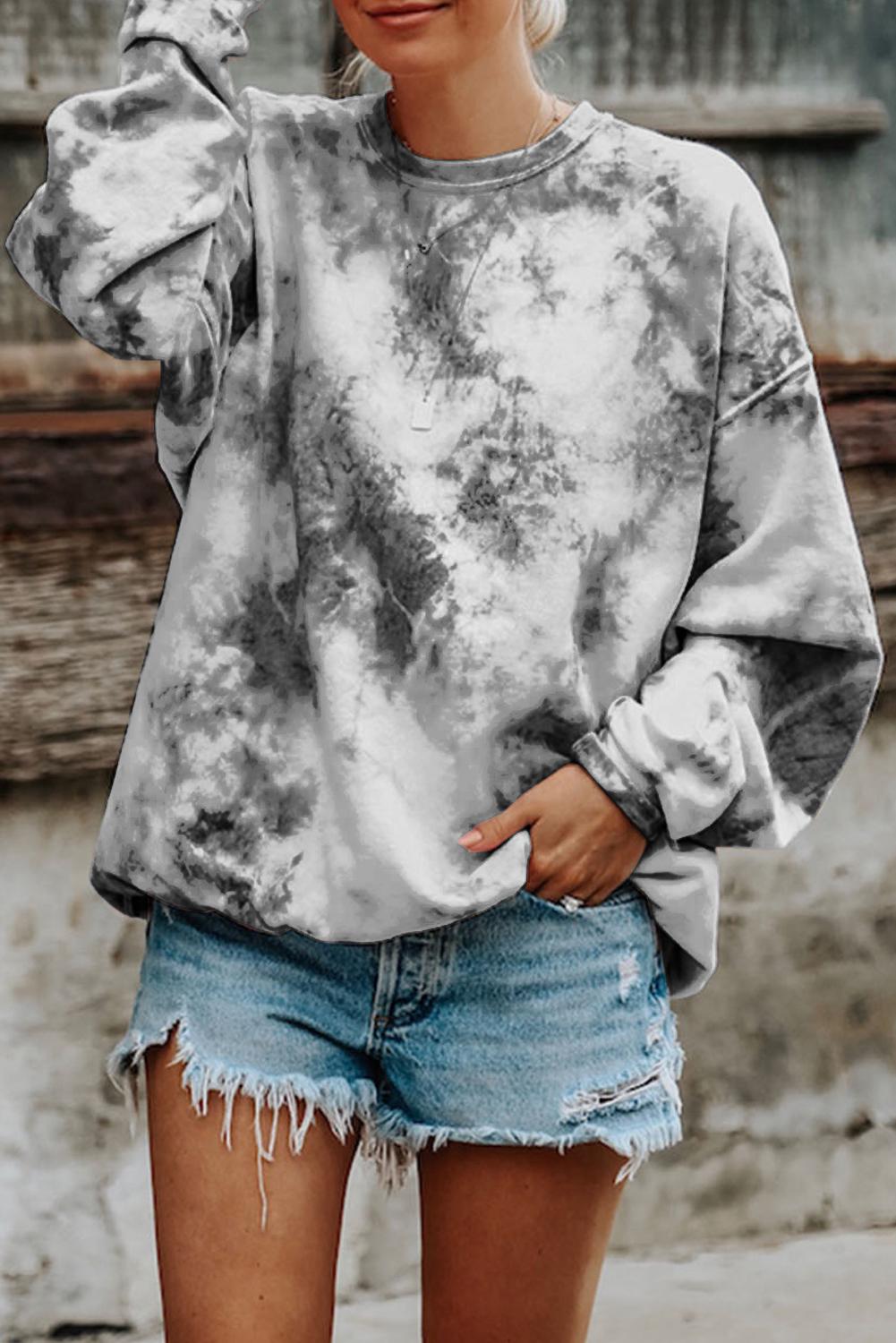 Gray Tie-dyed Round Neck Sweatshirt