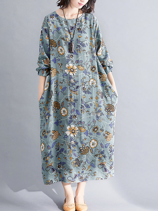 Autumn cotton linen vintage floral long sleeve women loose dress