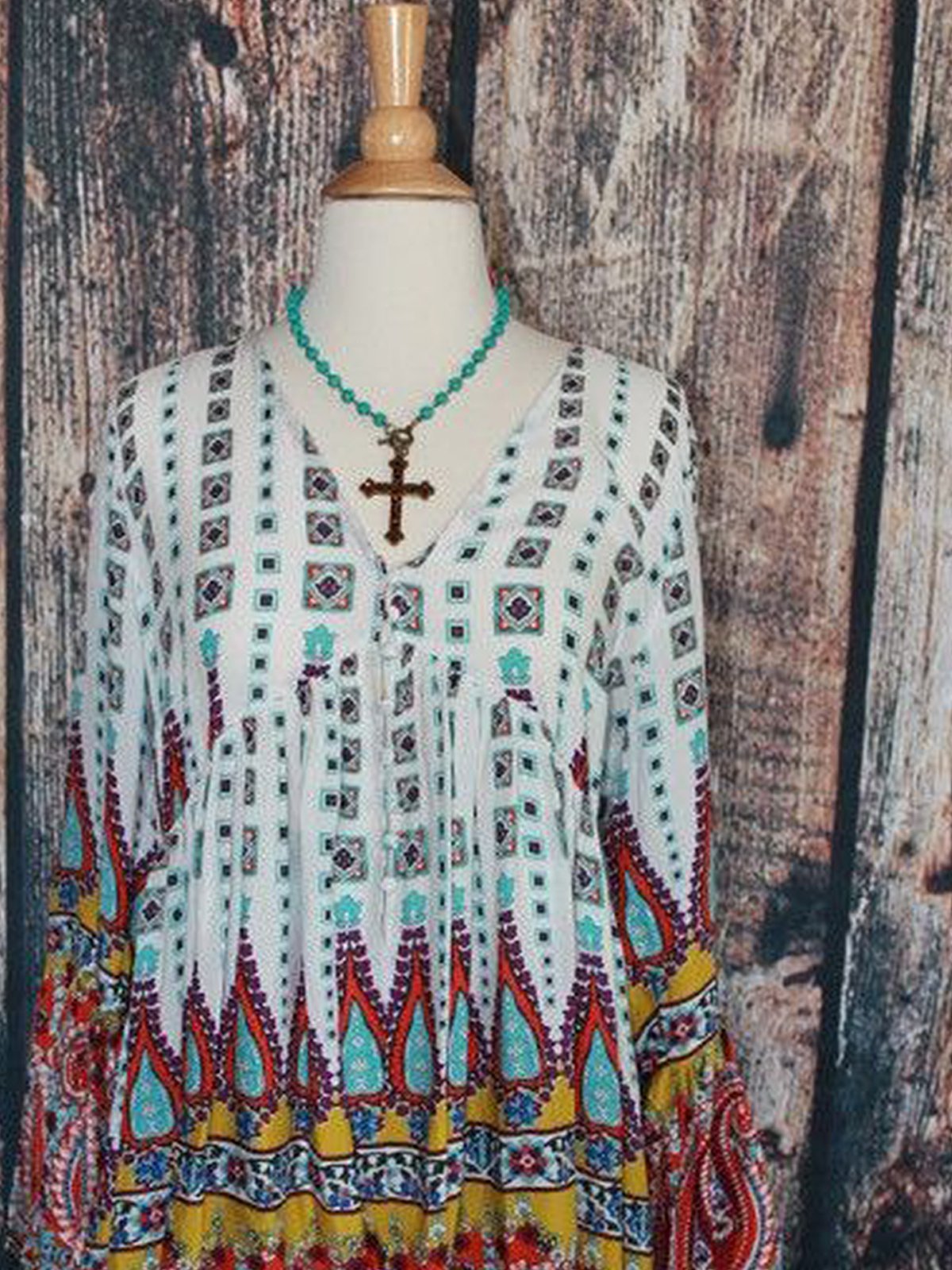 Casual Long Sleeve Paisley V Neck Dresses