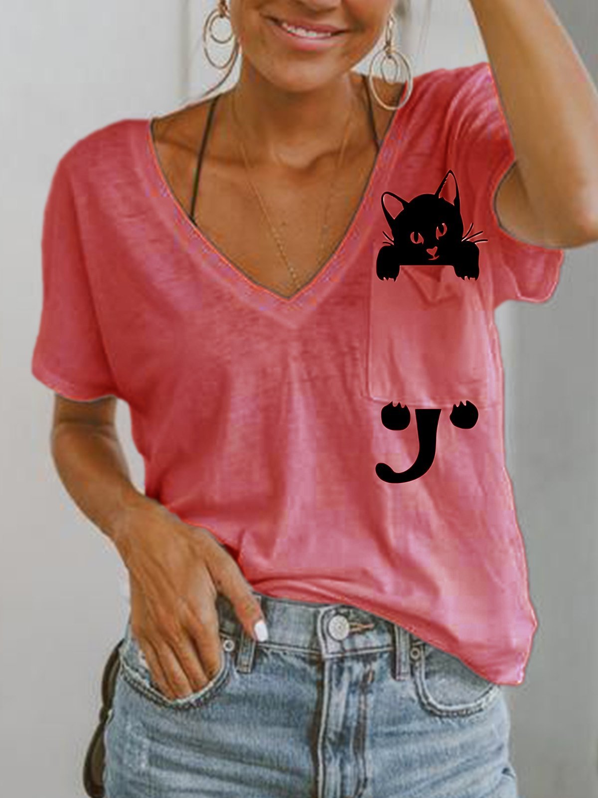 White V Neck Cotton-Blend Short Sleeve Shirts & Tops