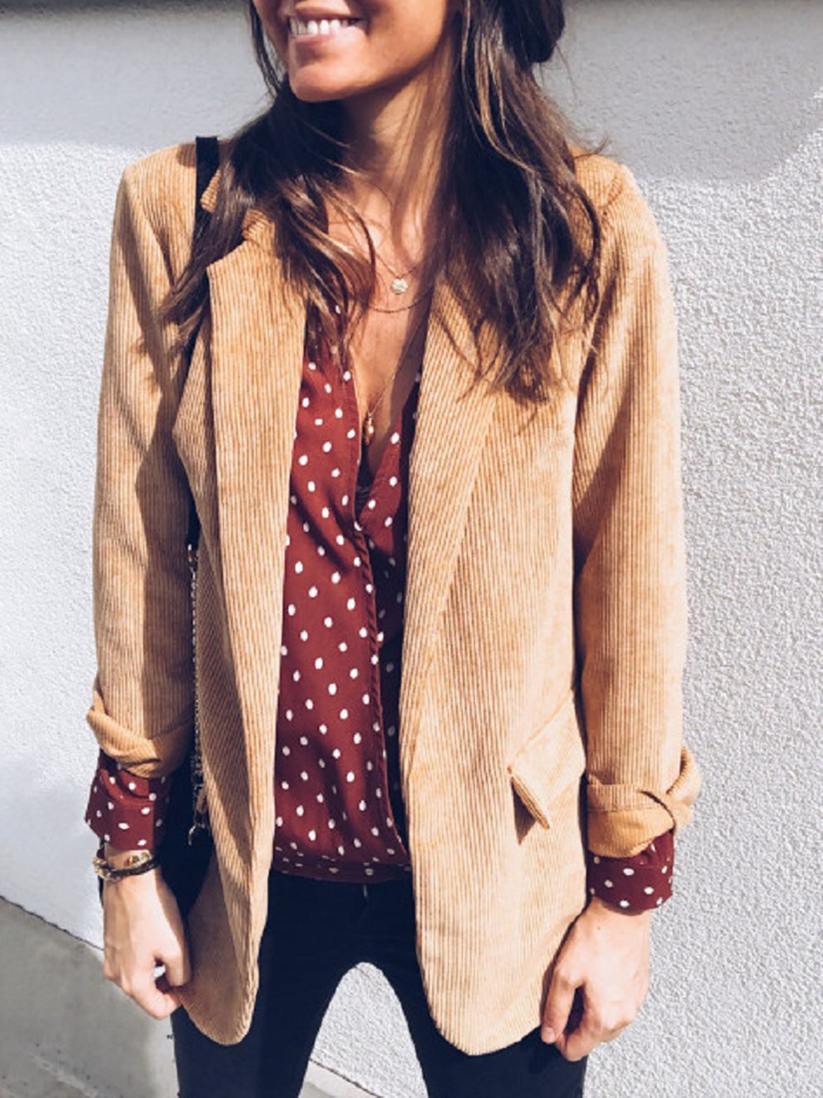 Brown Long Sleeve Solid Buttoned Corduroy Blazers