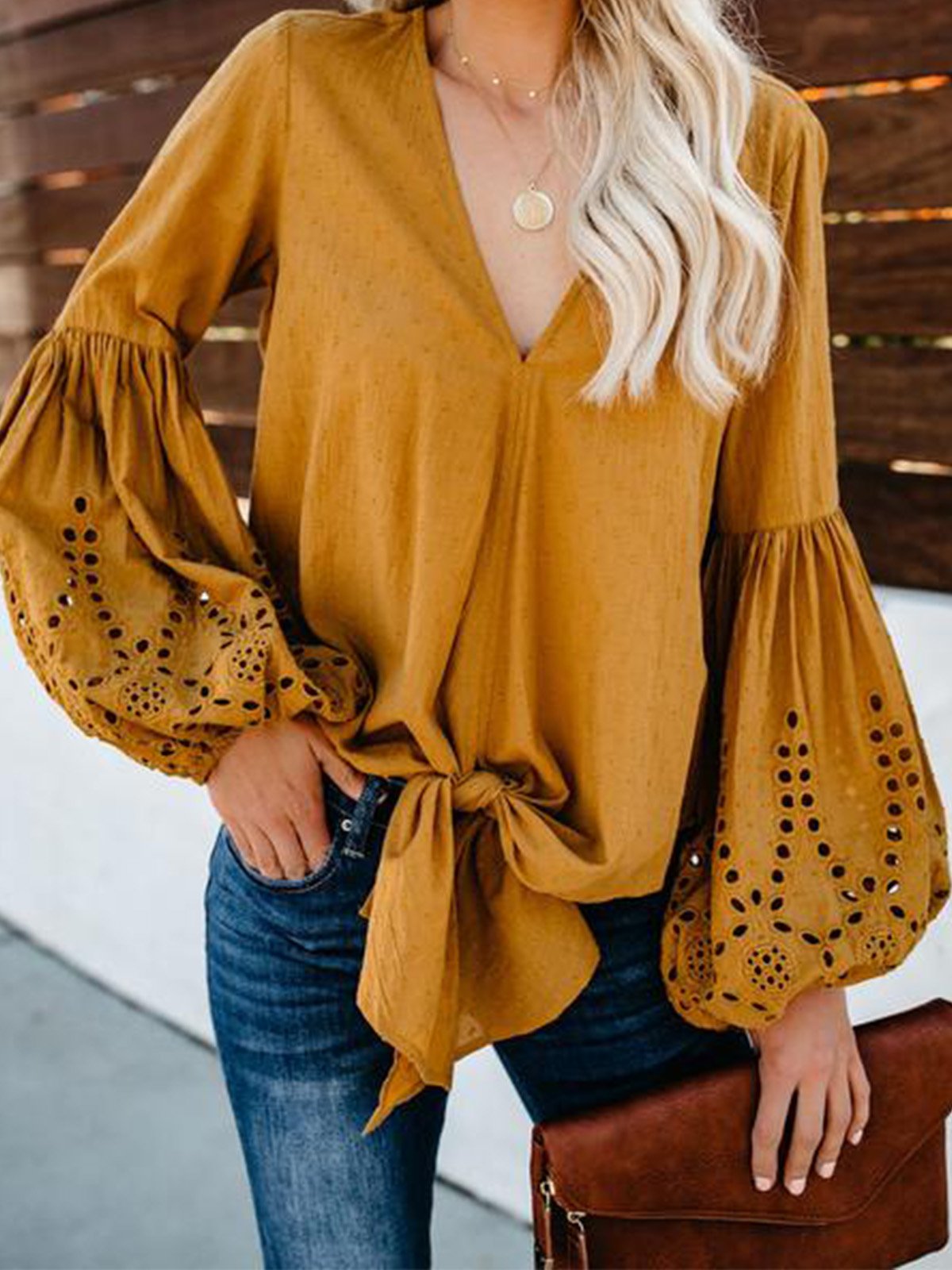 Balloon Sleeve Tie Top Blouse Shirt