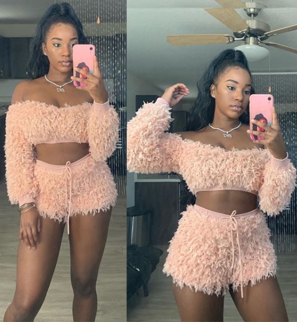 Sexy Pink Plush Two Piece Crop Top and Shorts Set