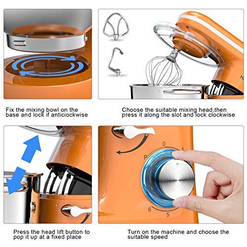 Food Mixer With 6.55 Quart Stainless Steel Bowl, 6-Speed Control Dough Mixer