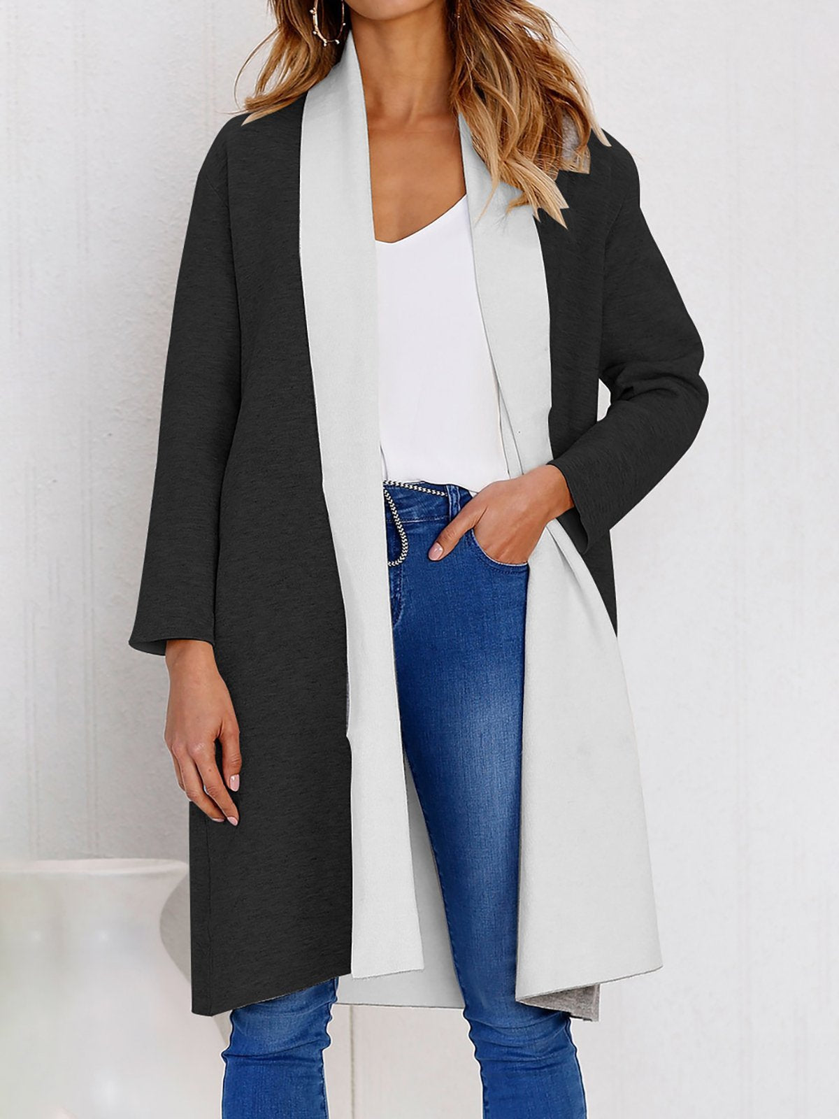 Elegant Solid Long Sleeve Wool blend Shawl Collar Coat